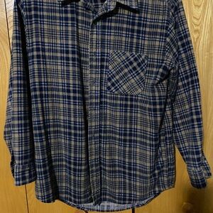 Blue and Tan Plaid Flannel Shirt